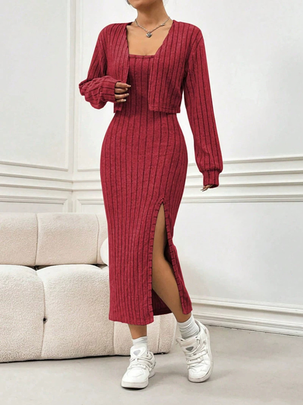 ZARA Womens Long Sleeve Knit Cardigan & Midi Dress Set
